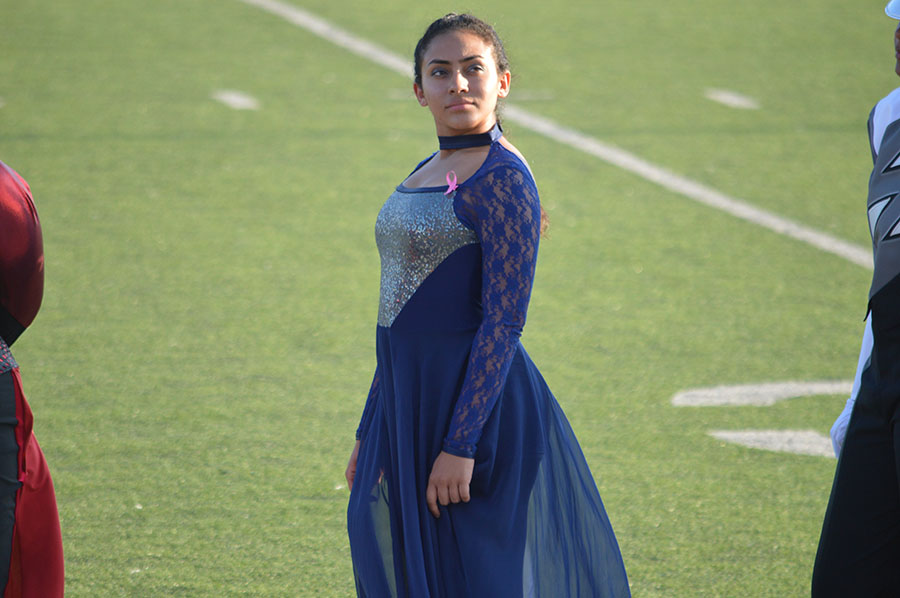 Courteous captain // Looking up at the stands, senior colorguard captain Thalia Morales flaunts her pink breast cancer ribbon she and the band wear in support of Fine Arts Secretary Mrs. Wendy Norman Oct. 14. Norman is very appreciative of the grand gesture and loves the students for it. “I am humbled beyond all words by the support that the band kids and staff have shown me. Some of the kids have given me gifts and everyday several students ask me questions with sincerity,” Norman said. photo by Addie Orr.