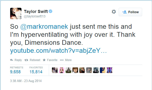 Swift shout out \\ A screenshot of Taylor Swift tweeting about senior Hannah Burns flash mob to her song, Shake it off.
