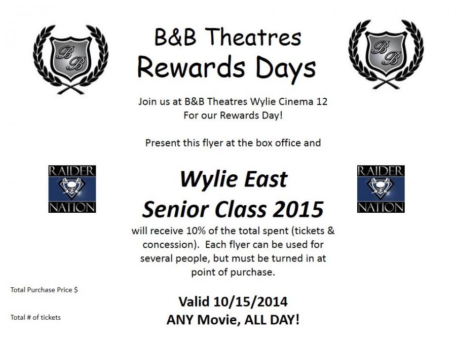 Movie money \\ Bring this flyer to B&B Wylie Cinema 12 Oct. 15 and 10 percent of sales will go to the Senior class. 