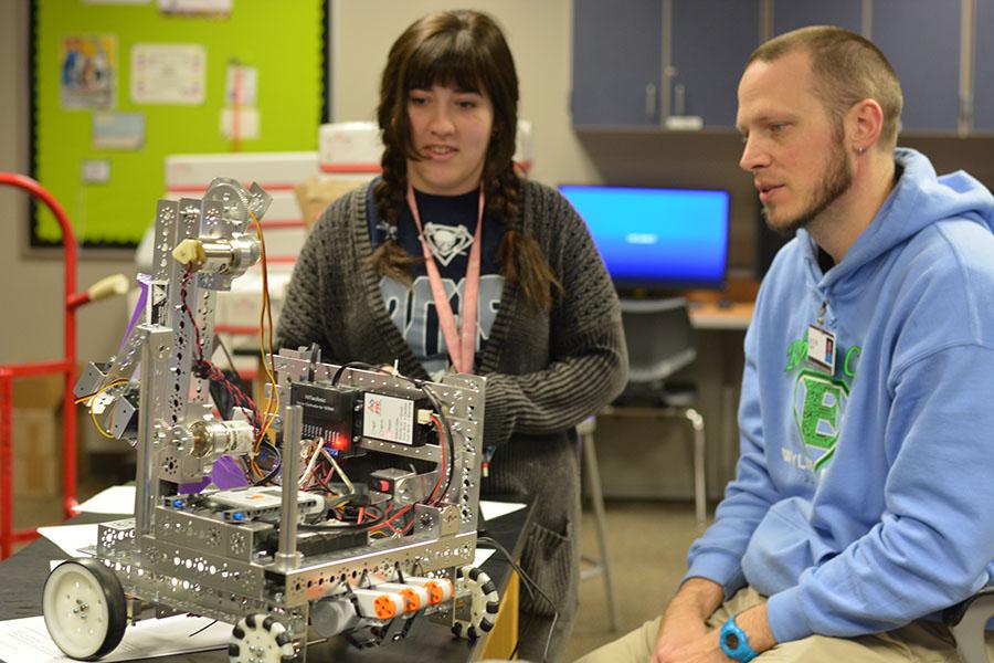 We have the technology \\ Looking at their newly improved robot, president of the robotics club Emily Esch and adviser Dr. Jacob Day talk over the next step of their project.