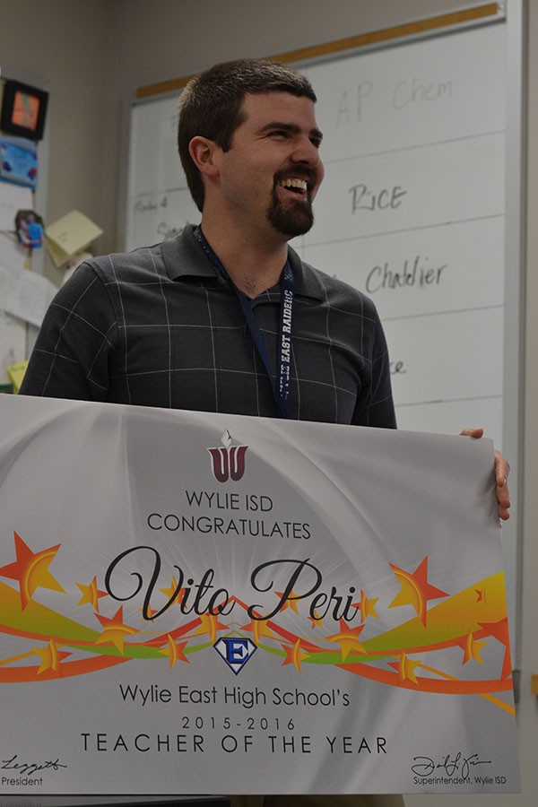 Teacher feature // Enjoying his surprise visit from Superintendant Dr. David Vinson and Principal Mike Willimas, chemistry teacher Vito Peri is named Teacher of the Year for this campus. After a vote among his fellow educators, Peri won and will compete against other awarded teachers at the secondary school level.