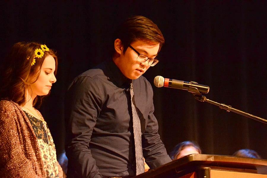 On stage \ Seniors Abby Welsh and Jimmy Phan help lead the Spanish Honor Societys induction ceremony April 7.
