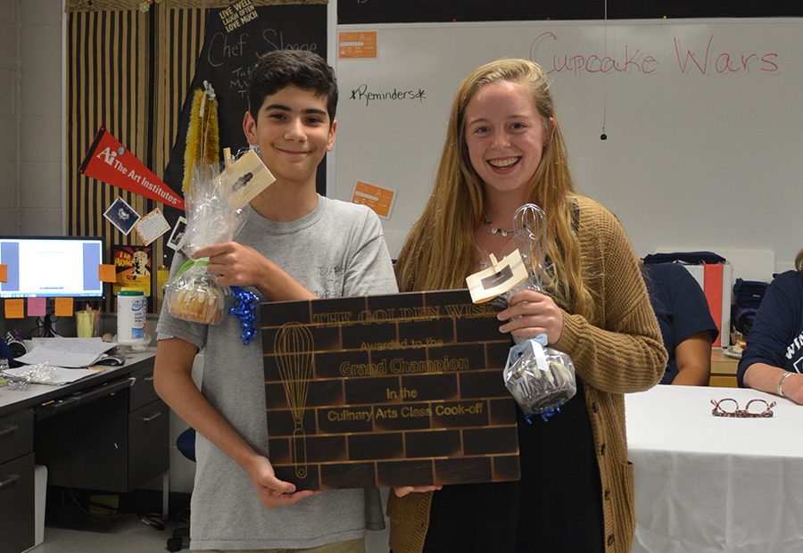 Cupcake royalty \\ Fourth periods lifetime wellness and nutrition class who elected the Smores flavor, won the Cupcake Wars competition among Chef Toni Sloanes classes. Pictured are freshman Brandon Carroll and senior Isabella Maisch.