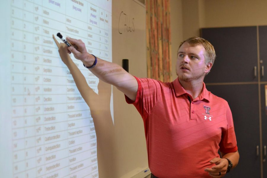 In the Limits // Plugging in numbers, new varsity coach and teacher from Daingerfield-Lone Star ISD, Coach Hunter Henzler instructs his math college prep class during his second week, about the number 1 billion.