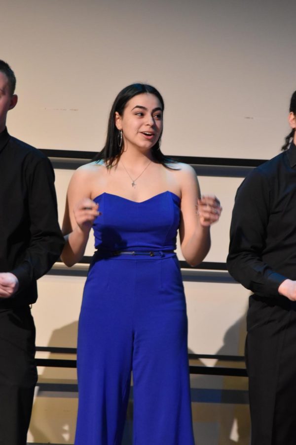 Senior Madison Hernandez, from Out of the Blue sings Say You Wont Leave by Junior Ilijah Soriano at the fall concert, The Elements on Tuesday, Oct. 22nd. Ilijah wrote the song himself and has it and others on his spotify.