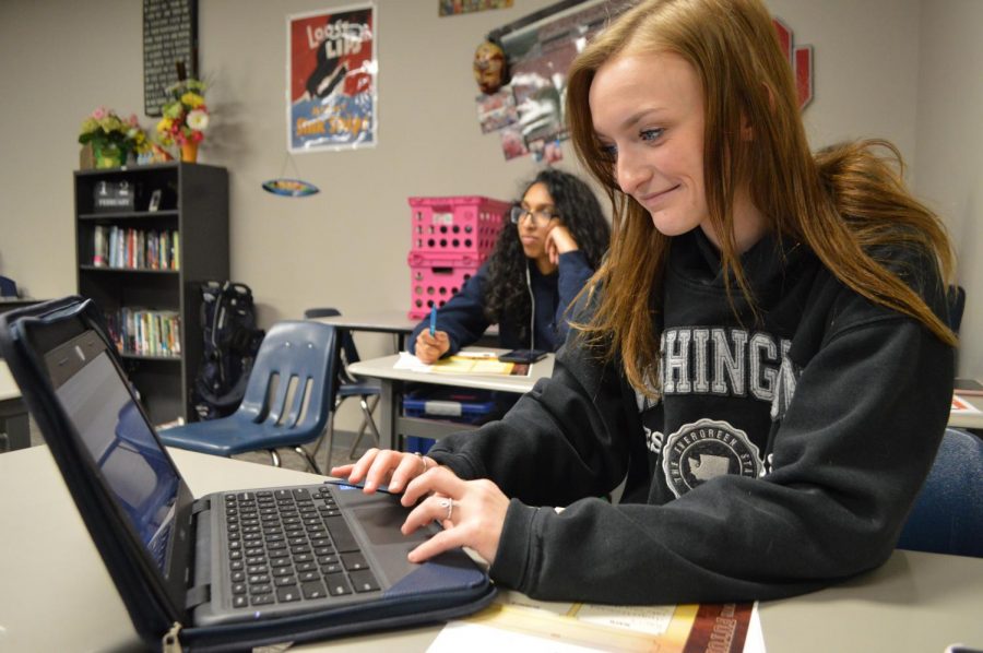 Riding for the Brand \\ Typing away on the Chromebook Feb. 12 during Wylie Way Day, senior Julia Horne discovers her personality type after a series of questions. “I am personality type ISTJ which means I focus my attention inward, maintain control over projects, work better with real things rather than ideas and analyze problems logically,” Horne said. “The most surprising part of the results was that I make thoughtful and practical decisions because I am kinda a mess.”
