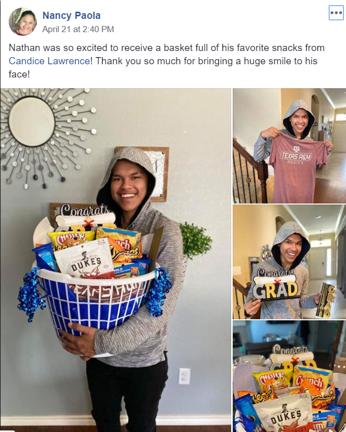 Family Gift // Senior Nathan Paola receives his gift from Candice Lawrence, his adopter.  “I am not just a teacher, they are not just my students. Their parents arent just parents, we are all a family, Mrs. Lawrence said.
