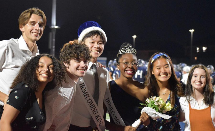 Christina Cho (second from right) celebrates with fellow Student Council members at the crowning of homecoming royalty Oct. 18, 2020.