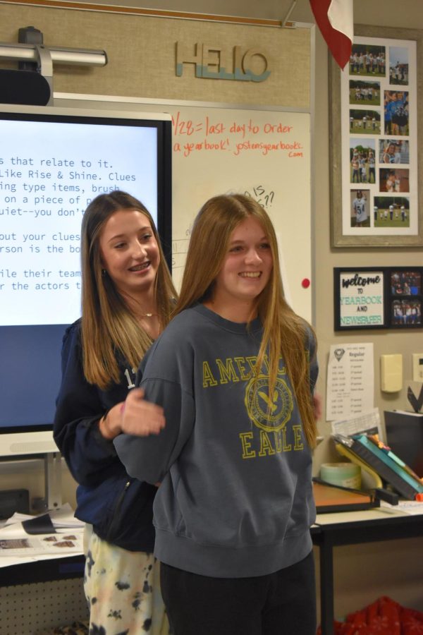 6th period:
Playing the game, sophomores Hope Altobelli and Brie Garrett play a Fun Friday game in their sixth period yearbook class. “Yearbook is really fun and the people in there are all so nice. My favorite thing to do is COB and go to different sports and take pictures,” Altobelli said. COB stands for cut out background, a technique staff used to edit photos.

